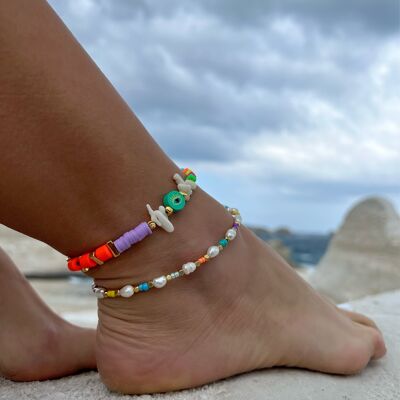 Handmade Colorful Beaded Ankle Bracelet with White Corals, Colorful Beads and Gold Metal Parts, Colorful Anklet, Adjustable Ankle Bracelet.