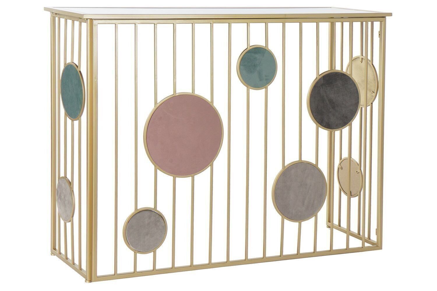 CONSOLLE METALLO SPECCHIO 120X36X90 CERCHI DORATI MB187030