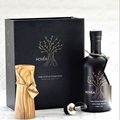 Coffret Cadeau 1 bouteille d'Huile d'Olive Vierge Extra et moulin a poivre et sel 13 cm en bois d'Olivier fait main (mecanisme en ceramique)