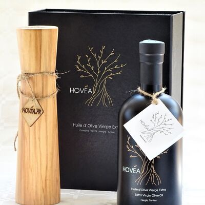 Estuche regalo 1 botella de Aceite de Oliva Virgen Extra 500 ml y un molinillo de sal y pimienta de 23 cm en madera de olivo hecho a mano (mecanismo de cerámica)