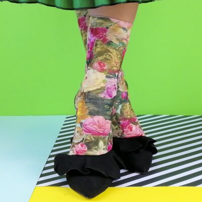 Chaussettes Chats et Fleurs, taille adulte standard sans talon.