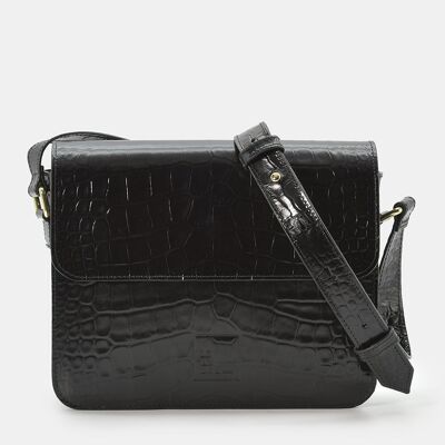 Sac à bandoulière carré femme en cuir embossé coco noir