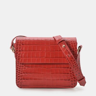 Square women's crossbody bag in red coconut-engraved leather