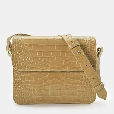 Square women's crossbody bag in sand-colored coconut embossed leather