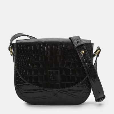 Sac à bandoulière femme noir en cuir embossé coco