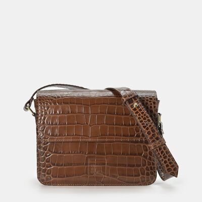 Women's square brown coconut embossed leather crossbody bag