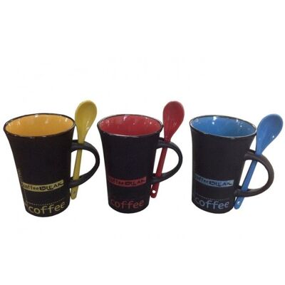 Taza de cerámica con cuchara Coffee break negra en 4 colores diferentes dentro de la taza - Azul, rojo, amarillo y verde. bandeja de entrada