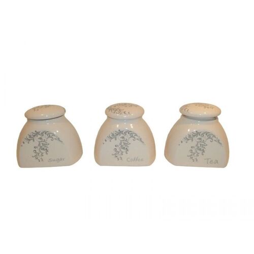 Set of 3 ceramic containers with airtight closure, for coffee, sugar, tea. Dimension: 14x10x12cm