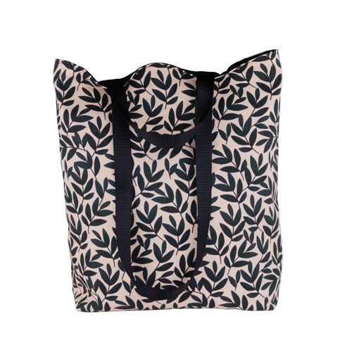 Large pink and black reusable shopping tote bag with retro floral print, Washable book bag for flower lovers