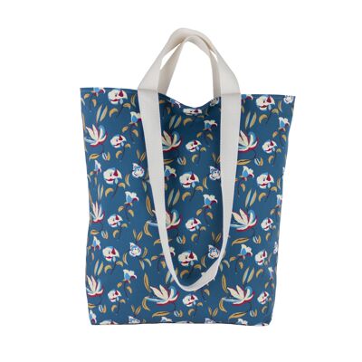 Large blue reusable shopping tote bag with retro floral print, Library book bag for florists, nature lovers, flower lovers