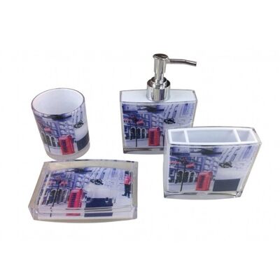Acryl-Badezimmer-Set mit 4 Teilen. Seifenschale: 13 x 9 x 2,5 cm Glas: 7 x 8 cm Getränkehalter: 10 x 3,5 x 10 cm Spender: 10 x 3 x 16 cm