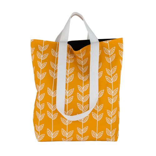Yellow reusable eco-friendly grocery tote bag with retro floral print, Colourful summer book bag for flower lovers, nature lovers, florists