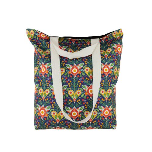 Large summer reusable cotton tote bag with ornamental print, Colourful market grocery shopping bag