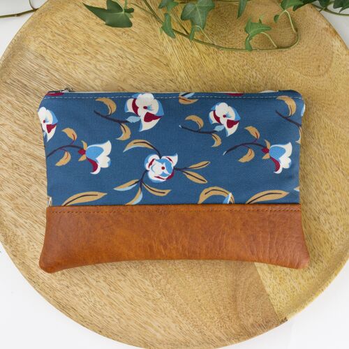 Blue retro floral zipper makeup bag, Cute vegan cosmetic pouch for flower lovers, gardeners, florists