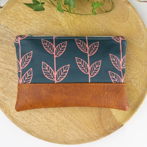 Blue retro floral cosmetic bag with vegan leather accents, Cute makeup pouch gift for flower lovers