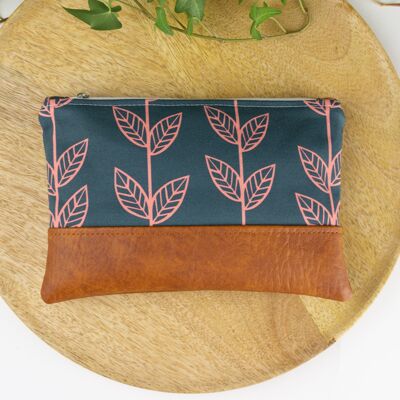 Blue retro floral cosmetic bag with vegan leather accents, Cute makeup pouch gift for flower lovers