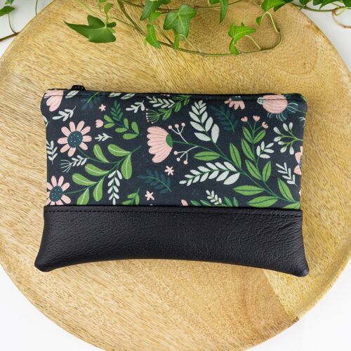 Small black retro flowers makeup bag with vegan leather accents, Gift for flower lovers, plant moms, florists, nature lovers