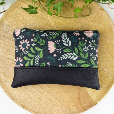 Bolsa de maquillaje pequeña de flores retro negras con detalles de cuero vegano, regalo para amantes de las flores, madres de plantas, floristas, amantes de la naturaleza