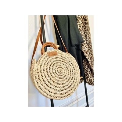 Large round wicker bag with double leather handles