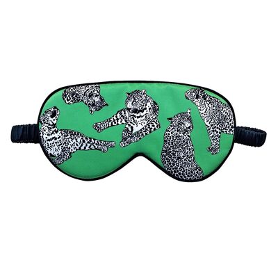 'Catnap' Schlafmaske aus grüner Seide mit Leopardenmuster