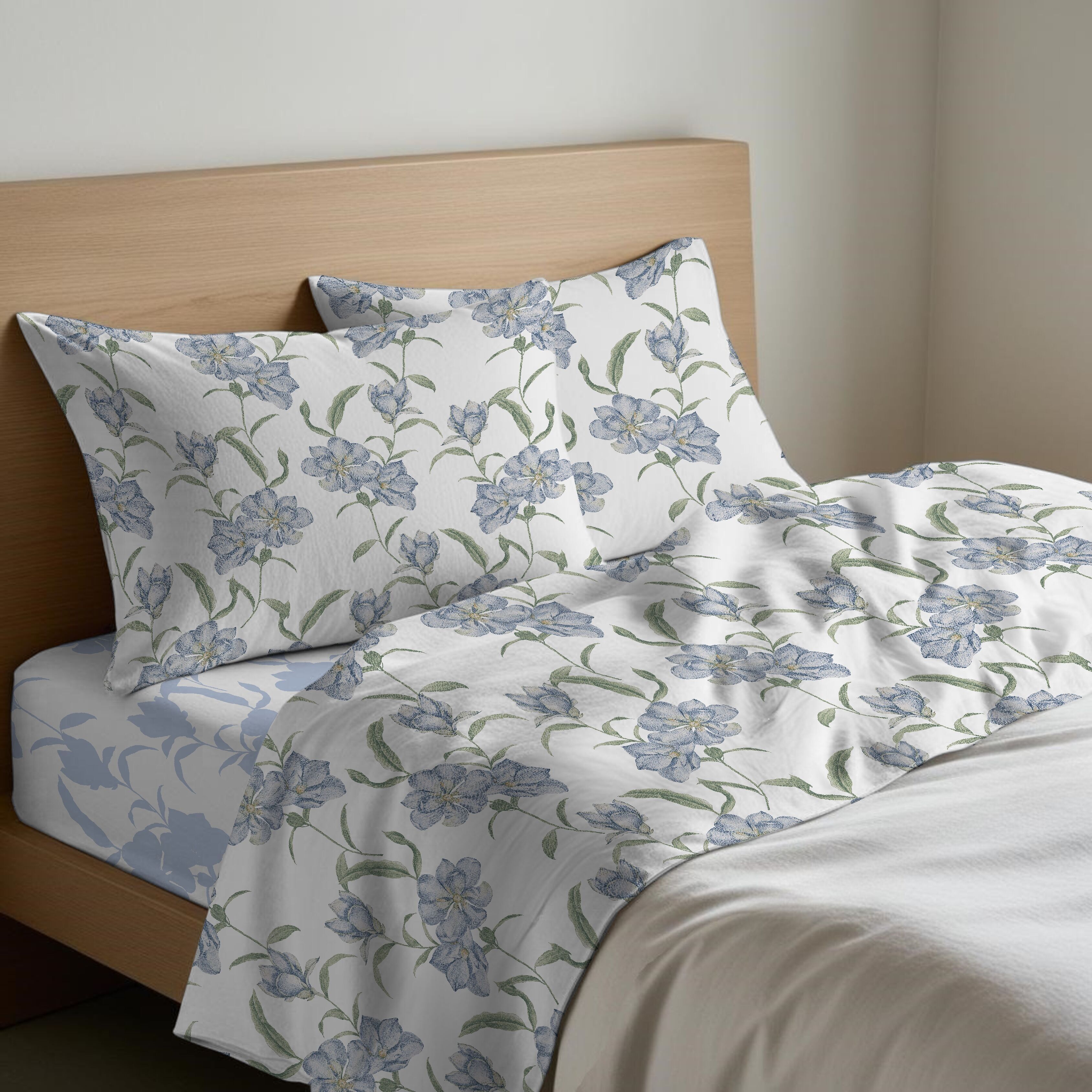 Lenzuolo Completo Puro Cotone  Dis.Magnolia Azzurro