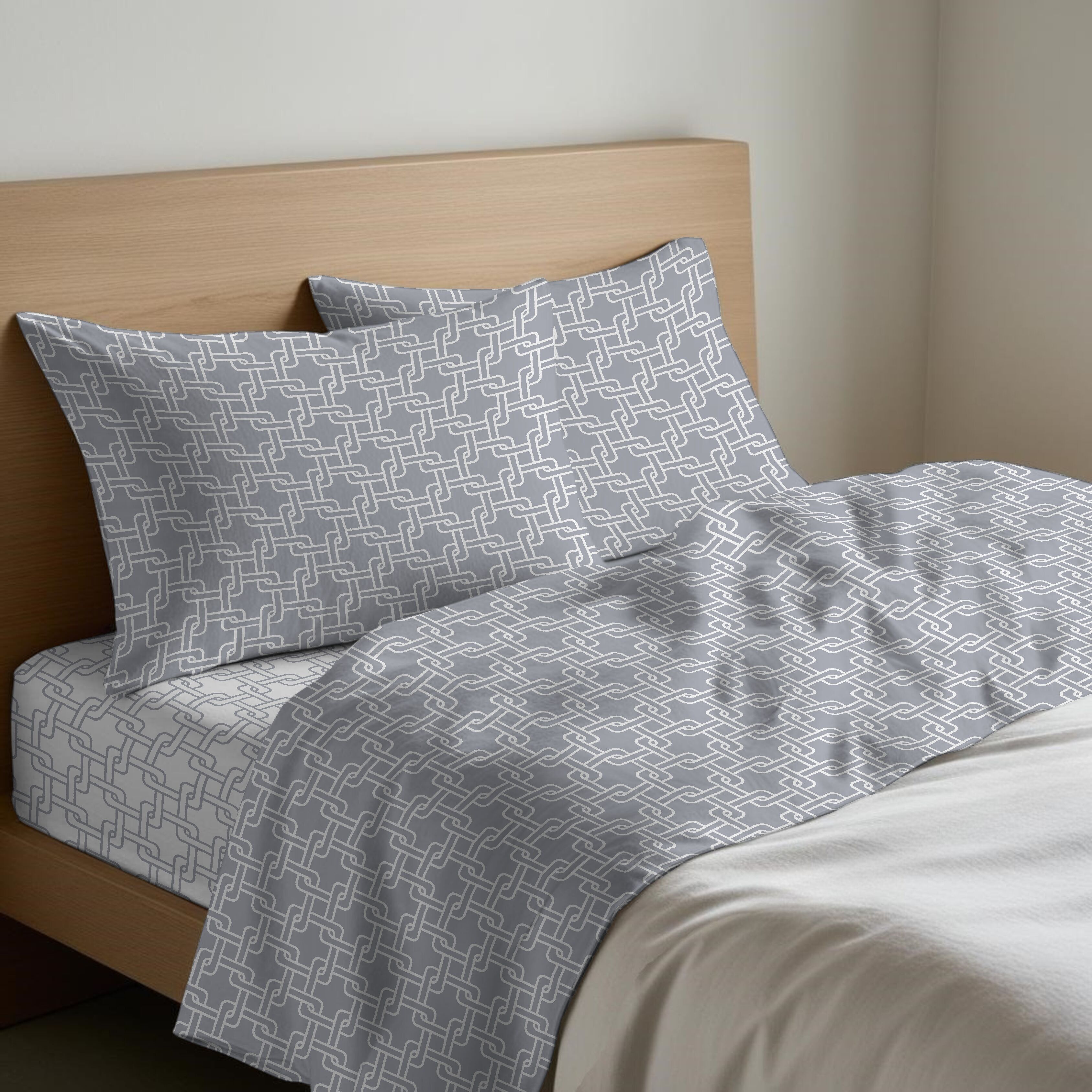 Lenzuolo Completo Puro Cotone Dis.Catena GRIGIO