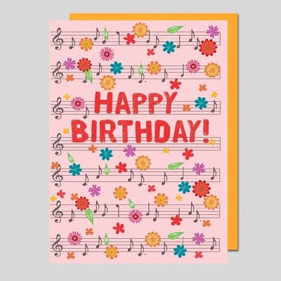 Tarjeta de cumpleaños colorida con notas musicales