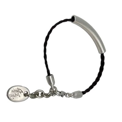 Pulsera cuero trenzado y tubo plata