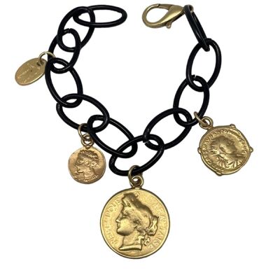 Bracelet chaîne noire et médailles d'or