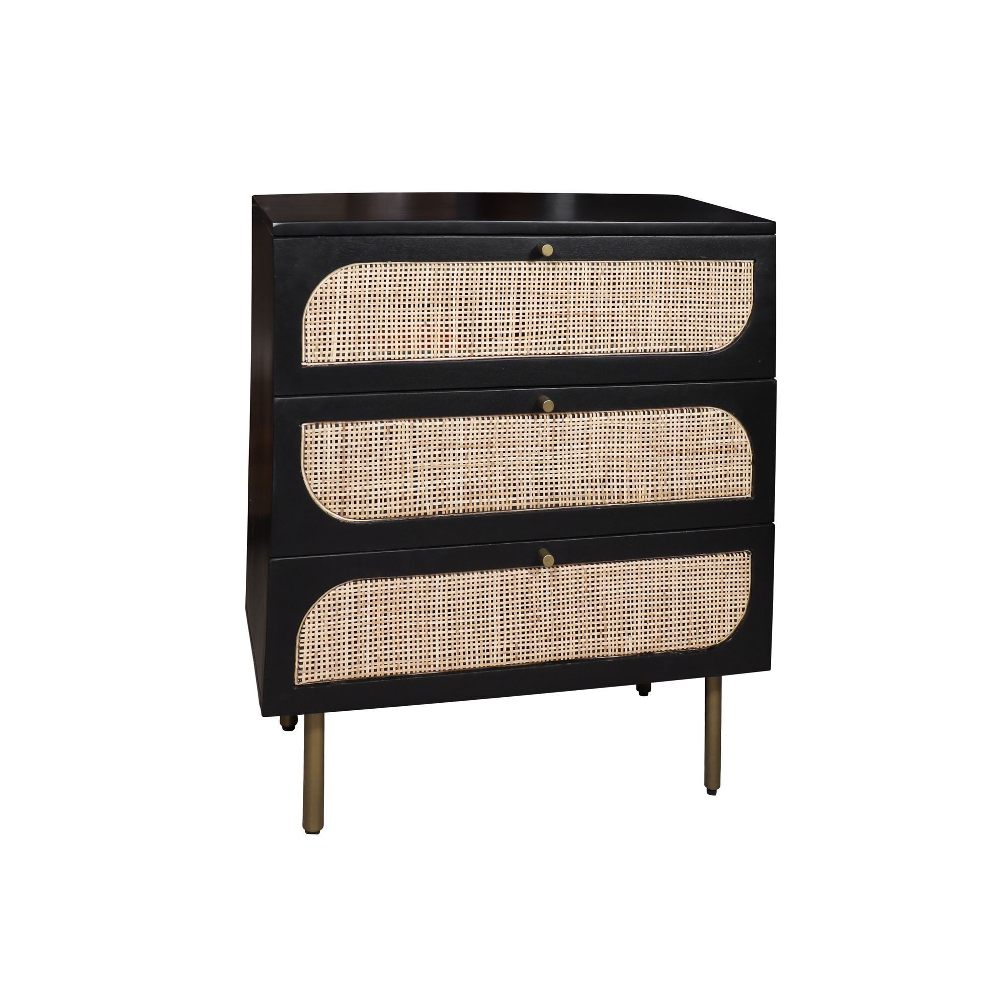 COMMODE 3 TIROIRS EN BOIS DE MANGUIER ET CANNAGE DE ROTIN AVEC DES PIEDS EN LAITON DORE 70X40X80CM MANAUS.