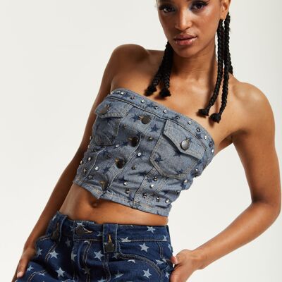 Top bandeau vaquero gris con estampado de estrellas de House of Holland