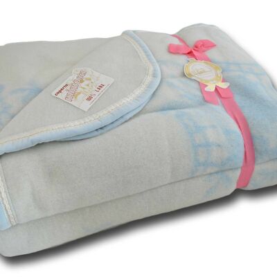 Blanket in Pure Virgin Wool 450 gr/m2 with Floral Processing - 100% Made in Italy - Warm and Soft (Light Blue)