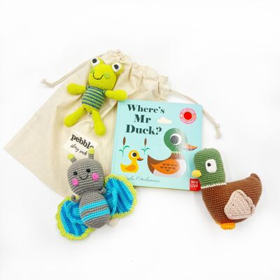 Jouet d'apprentissage pour bébé, sac d'histoire Où est Mr Duck