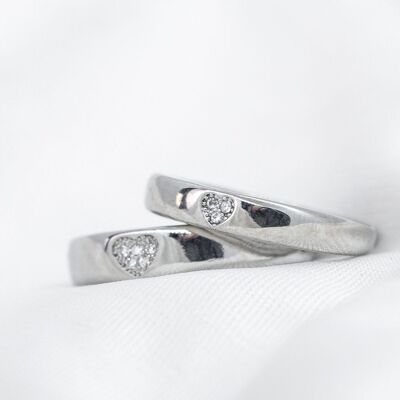 Adjustable Silver Couple Heart Zircon Promise Ring Set