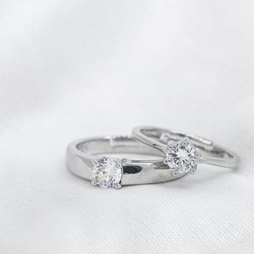 Adjustable Silver Couple His and Her Promise Zircon Rings Set