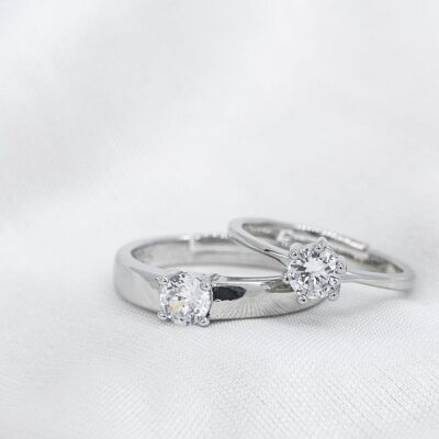 Adjustable Silver Couple His and Her Promise Zircon Rings Set