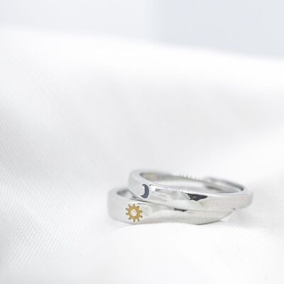 Adjustable Silver Couple Moon and Sun Matching Promise Ring set