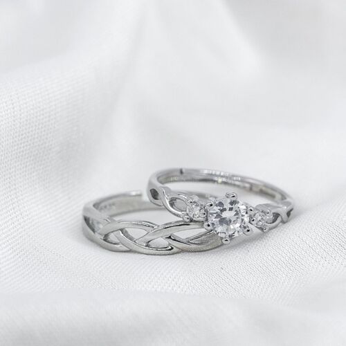 Adjustable Silver Couple Promise Braid Zircon Matching Ring set