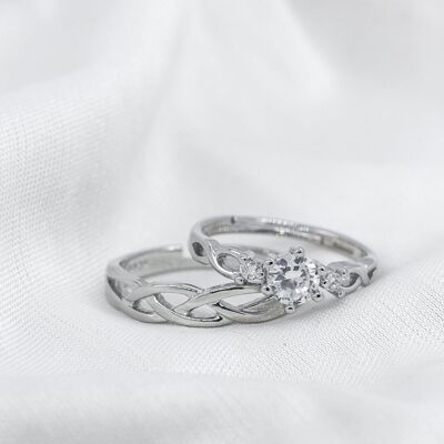 Set di anelli coordinati con zirconi a treccia regolabili in argento per coppia