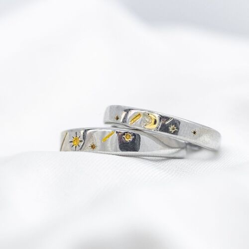 Adjustable Silver Couple Sun Star Promise Ring Set