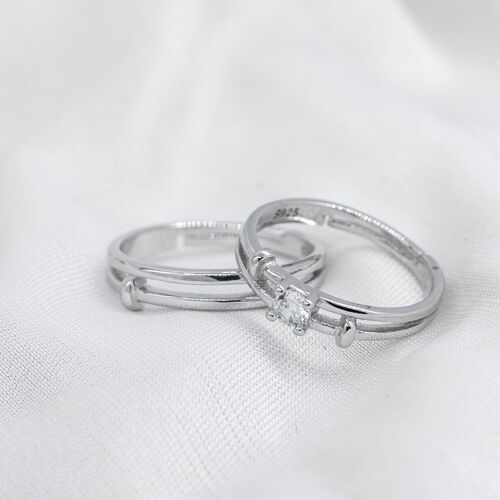 Adjustable Silver his and hers Zircon Promise Striped Ring set
