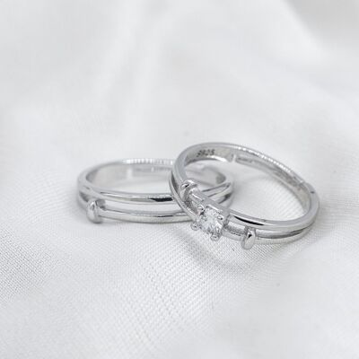 Adjustable Silver his and hers Zircon Promise Striped Ring set