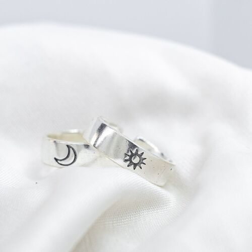 Adjustable Silver Plated Couple Moon and Sun Promise Ring Set