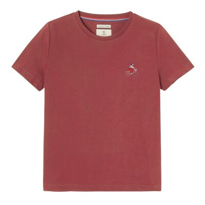 Plum short-sleeved T-shirt with burgundy bicycle print