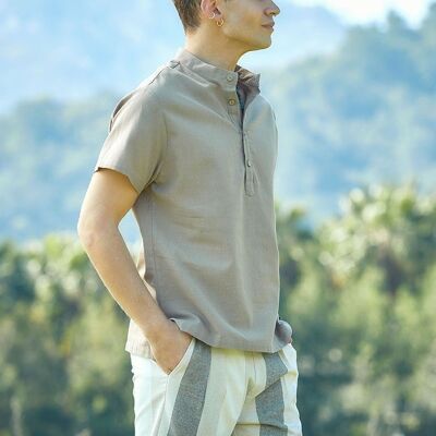 Men's Band Collar Short Sleeve Beige Shirt