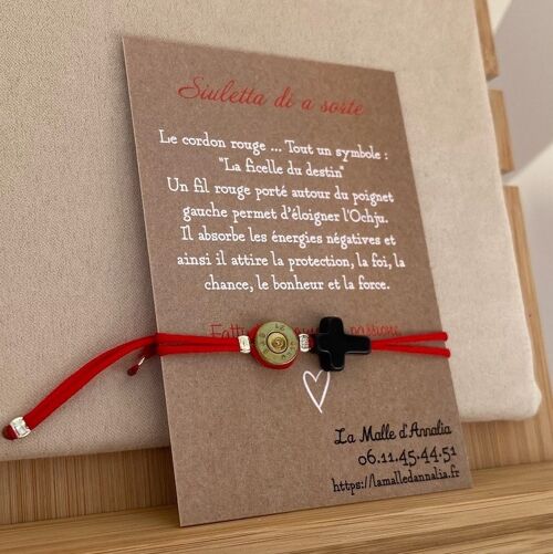 Bracelet fil rouge douille de revolver 9 mm laiton + croix noir