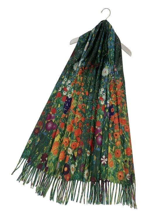 Klimt 'Flower Garden' Print Wool Tassel Scarf - Green