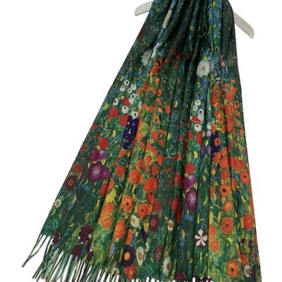 Klimt 'Flower Garden' Print Wool Tassel Scarf - Green