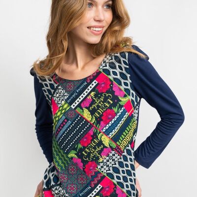 T-SHIRT woman blue with multicolor flowers and shapes - COIRA