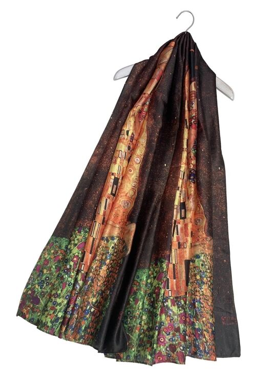 Klimt 'The Kiss' Painting Print Silk Mix Scarf - Brown